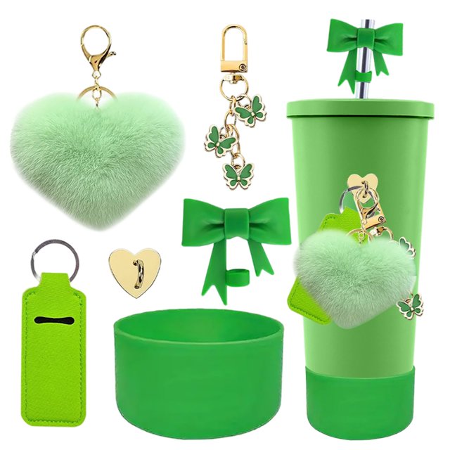 Hairball Pendant Silicone Cup Set - Bow Straw Bottle with Heart Key Chain for Couples & Unique Ideas