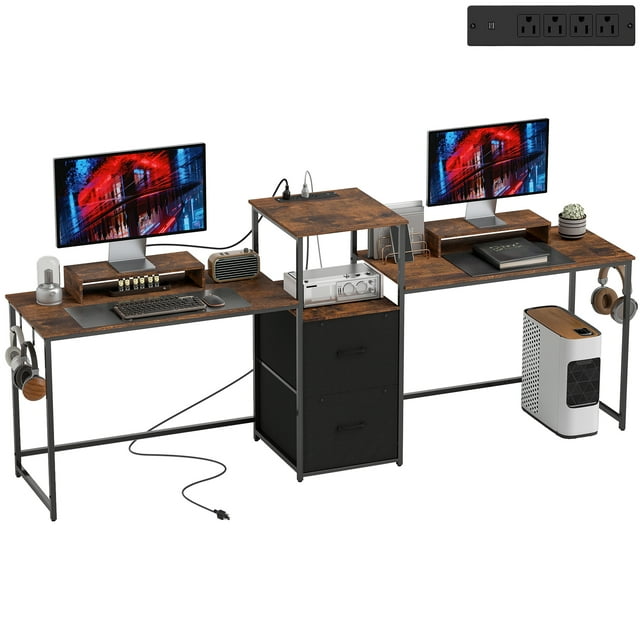 HOMCOM Bureau d'Ordinateur pour 2 Personnes, Bureau de Jeu avec Ports USB, Brun Rustique