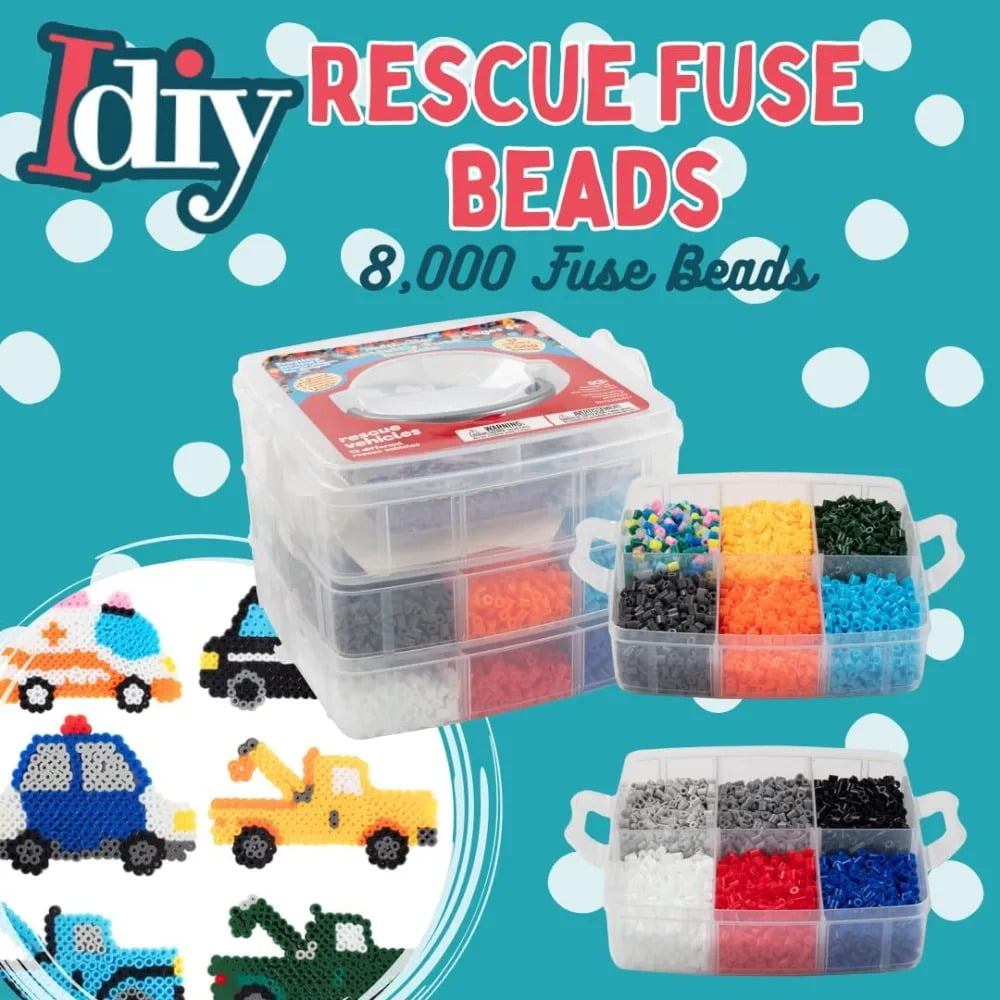 Fuse Beads 8,000pc Rescue Vehicles w Carrier CASE-18 Colors, 12 Unique Templates, 3 Peg Boards, 2 Tweezers, Melt Iron Paper- Car Truck Bulk Art Craft Project, Birthday Party Gift, School Activity