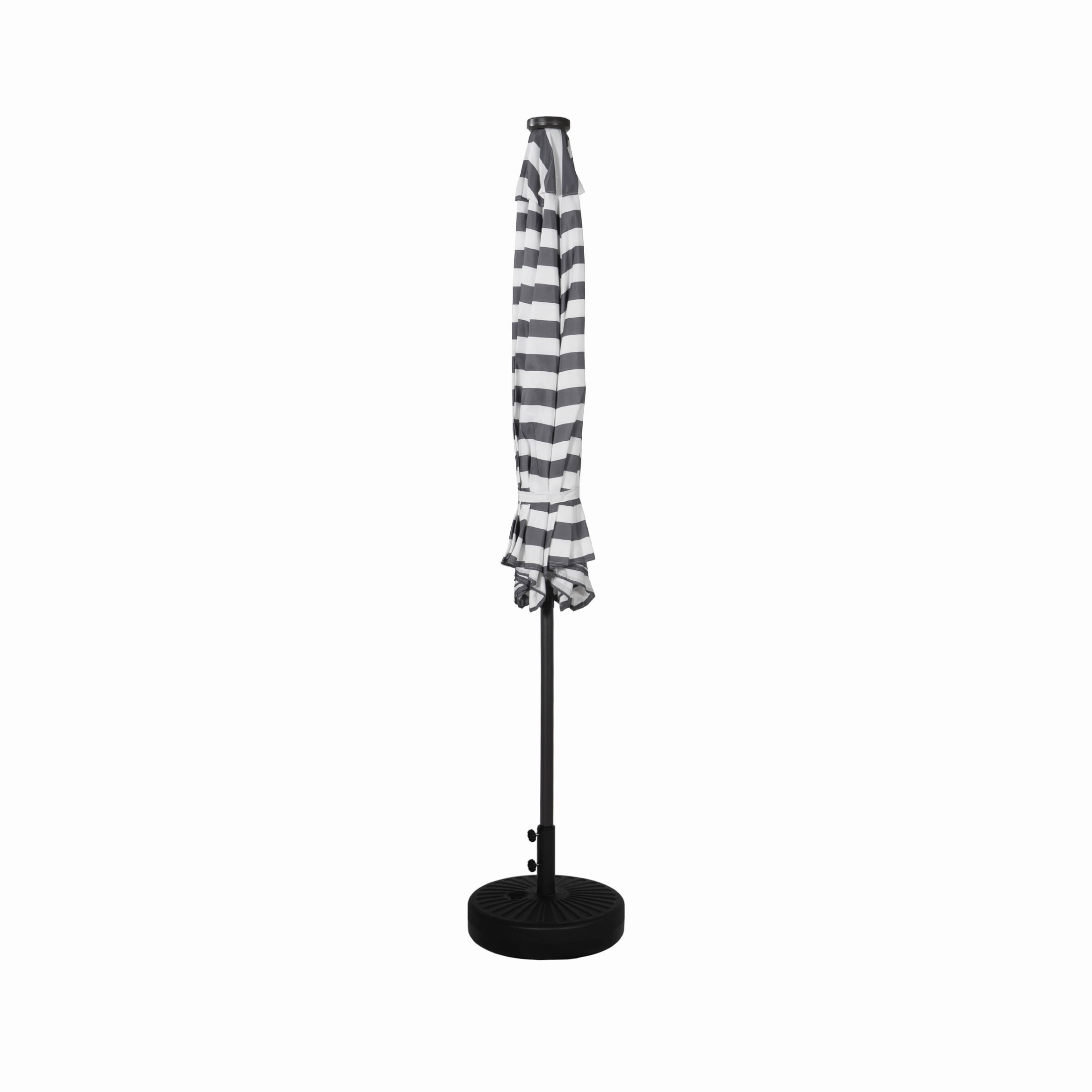 GARDEN 9 Ft Solar LED Patio Umbrella with Black Round Base Weight Included, Gray/White Stripe