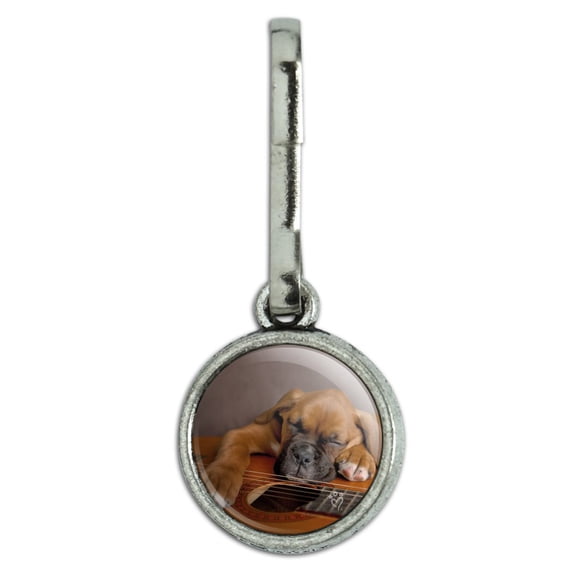 Boxer Puppy Dog Sleeping on Guitar Antiqued Charm Clothes Purse Suitcase Backpack Zipper Pull Aid