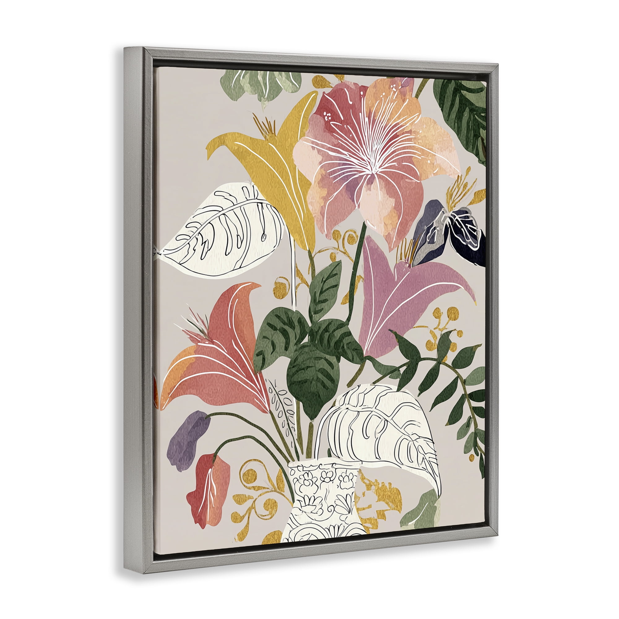 Playful Flower Bouquet Gray Framed Floater Canvas Wall Art, design by Annabelle Hall