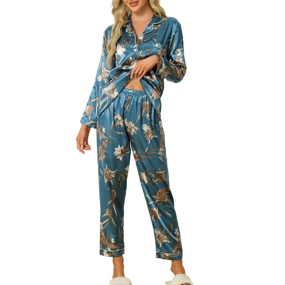 INSPIRE CHIC Women's Satin Pajama Sets Floral Button Down Shirt and Pants Silky Sleepwear 2 Pcs PJ Set XS Gray Blue