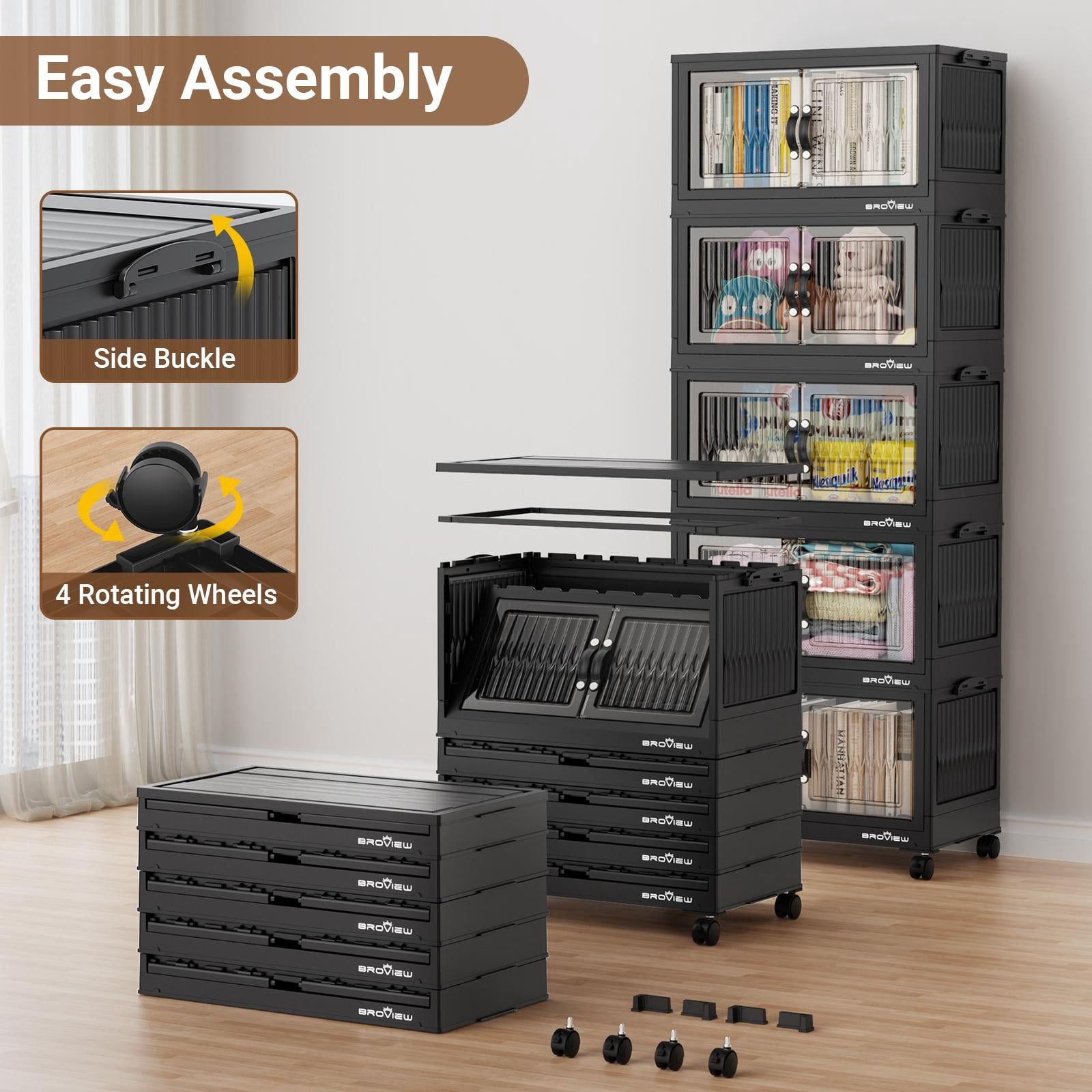 BROVIEW 180Qt Stackable Storage Bins with Lid, Plastic Closet Organizers and Storage Drawer, Collapsible Storage Box with Wheels, Folding Storage Cabinet for Closet Clothes Organization, 3Pack Black