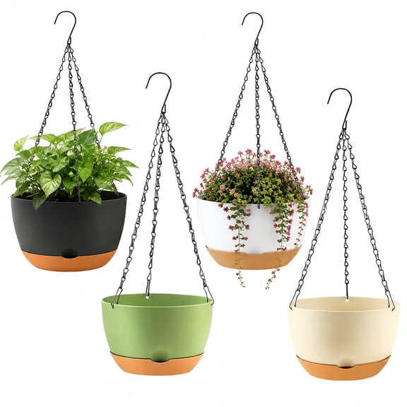 urorentea 4 Pack 10 Inch Hanging Planters, Self-Watering Hanging Baskets with Removable Saucer, Drainage Holes, Plant Hanger, Hanging Plant Pot Basket, Hanging Flower Pot for Indoor & Outdoor Plants