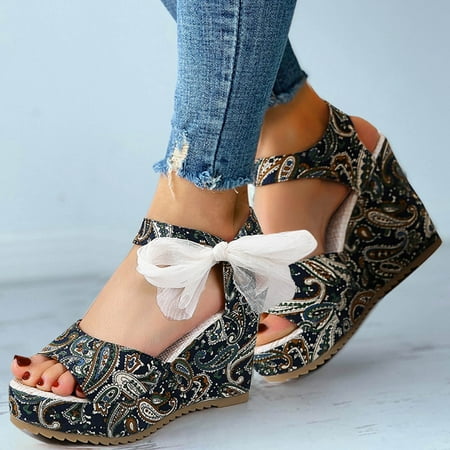 

〖Yilirongyumm〗 Green 41 Sandals Women Cloth Fish Sandals Ladies Platform Sandals Mouth Flower Fashion Wedge Print Cashew Women s Sandals
