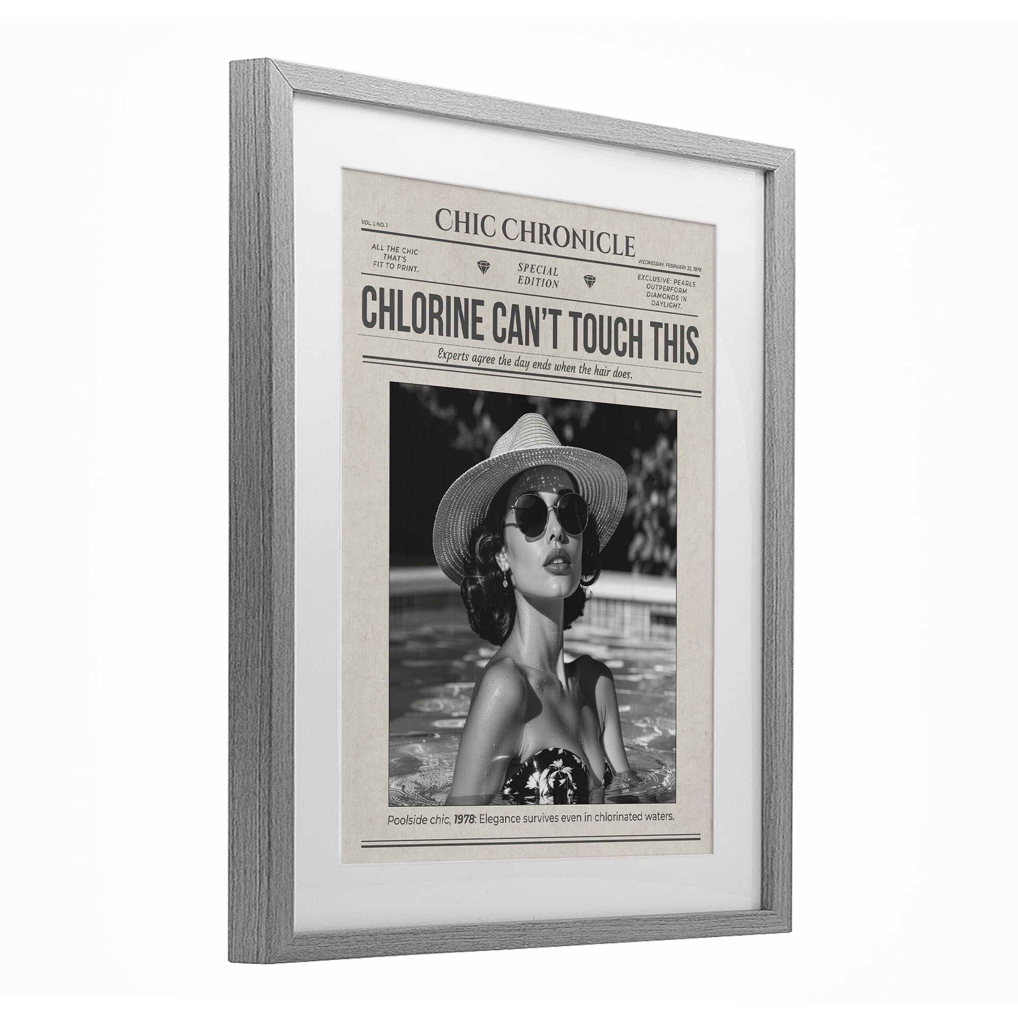 Chic Chronical Vintage Magazine Gray Framed Print Under Glass, design by A Barefoot Stylist