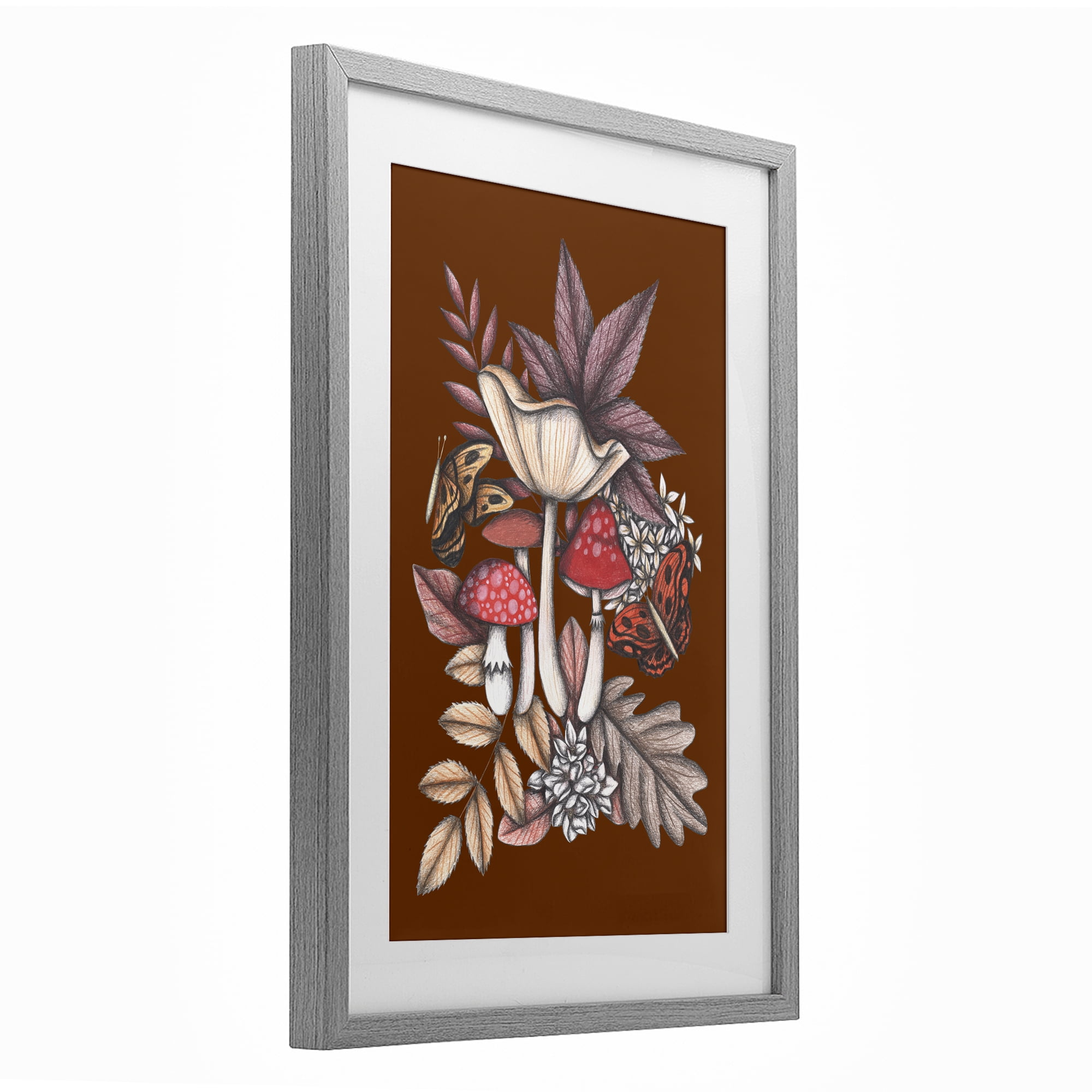 Autumn Mushrooms Magic Gray Framed Print Under Glass, design by Cecilia Battaini