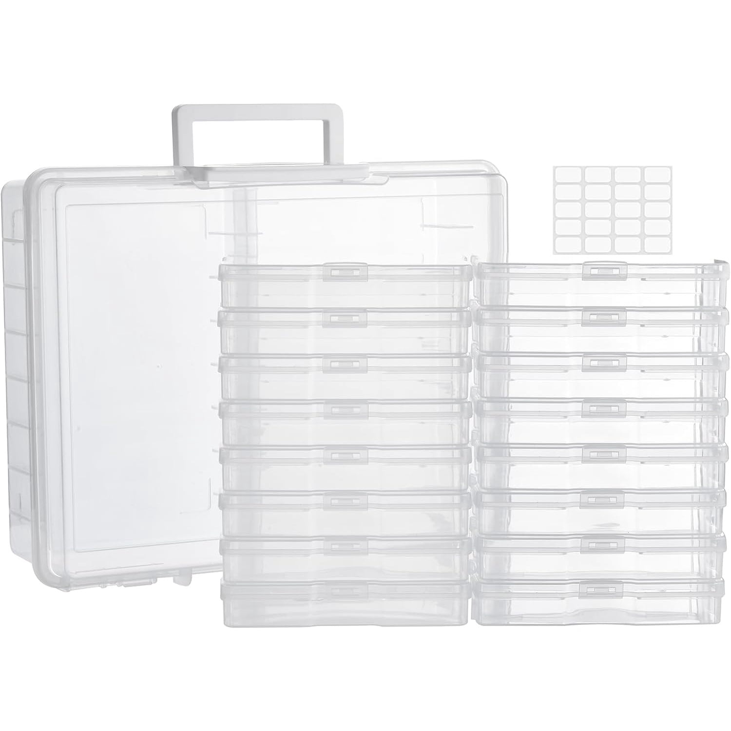 Photo Storage Box with Handle, 4" x 6" Photo Organizer Storage Container with 16 Inner Case and 1 Sheet Blank Labels for Pictures, Arts, Crafts, Sewing, Seeds, Office Supplies - Clear