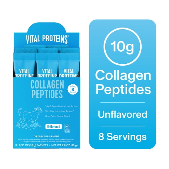 Vital Proteins Collagen Peptides Powder Stick Packs for Joints, Hair, Skin and Nails, Unflavored Collagen Support, 8 Count