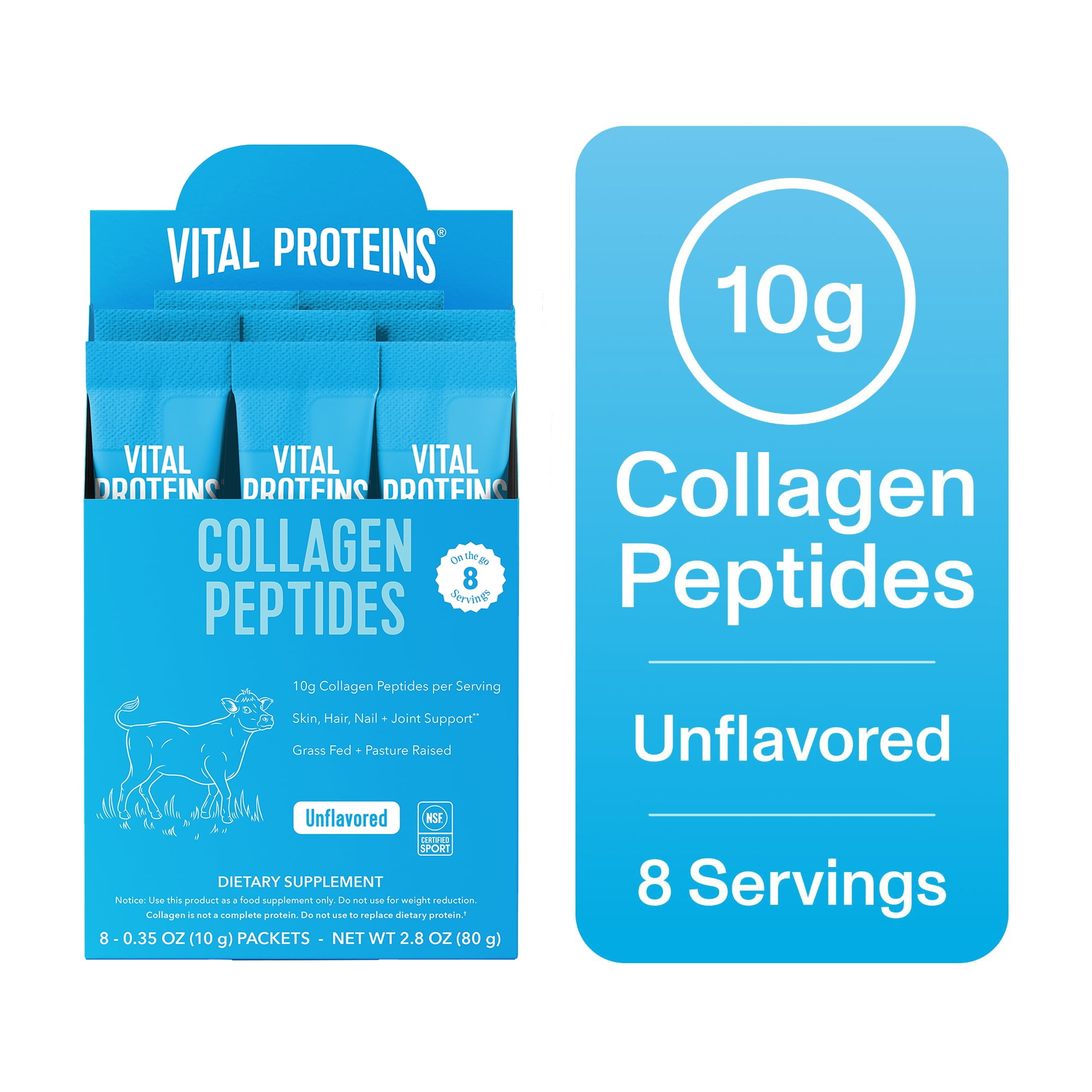 Vital Proteins Collagen Peptides Powder Stick Packs for Joints, Hair, Skin and Nails, Unflavored Collagen Support, 8 Count
