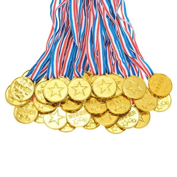Uxcell 100 Pieces Plastic Winner Award Metals 1.5 inch Small Gold Medals for Award with Neck Ribbon