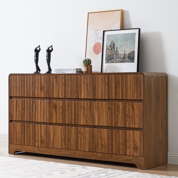 LEFHDA 63" Large 9 Drawer Wood Dressers, Fluted Wide Chest of Drawers, Mid Century Modern Wood Dresser for Living Room, Bedroom, Walnut