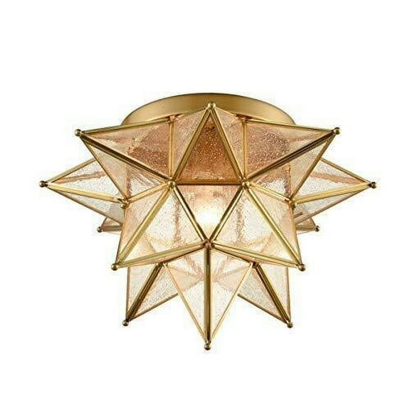 Modern Moroccan Seeded Glass Brass Moravian Star Flush Mount Ceiling Light