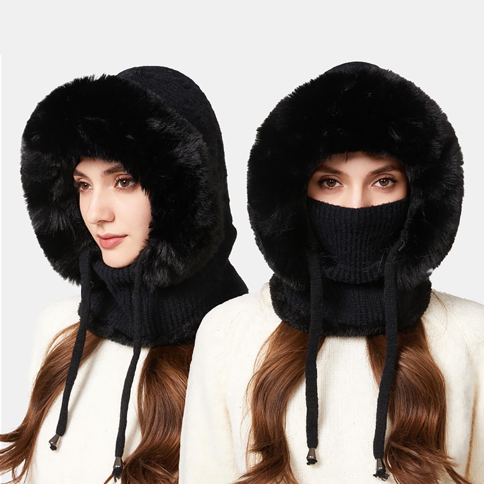 YZEGDCH Black Women One Piece Slouchy Fleece Thicken Beanie Winter Hats Scarf Mask Drawstring Warm Hooded Winter Balaclava Pullover Knitted Winter Hat, Birthday Valentines Gift for Women