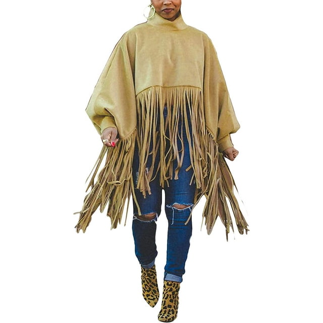 Haut à Franges à Manches Longues et Col Haut pour Femmes, Grande Taille, Poncho à Franges