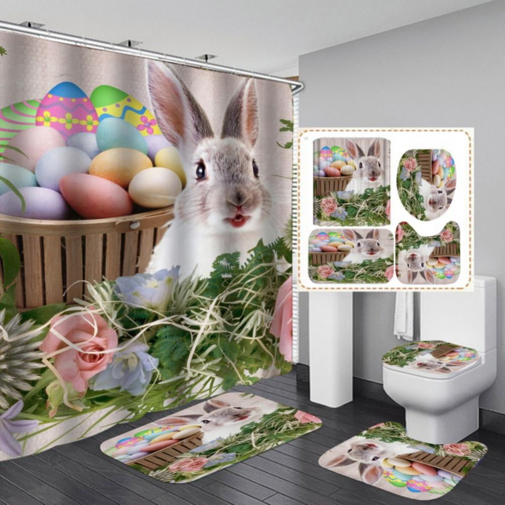 4PCS Easter Shower Curtain, Funny Shower Curtain Set Shower Curtains
