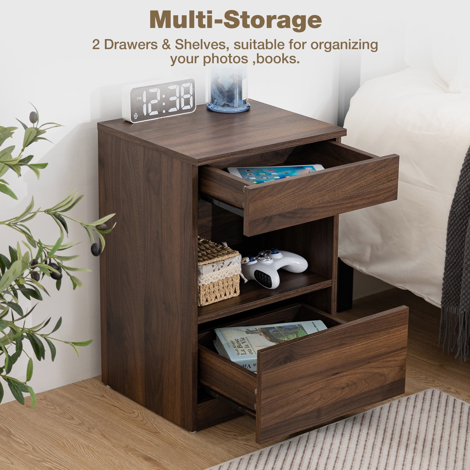 Hommpa Nightstand, 2 Drawer Nightstand Open Shelf Nightstands Brown Bedside Table Nightstands with Storage End Tables Living Room Bedroom Furniture Dark Walnut
