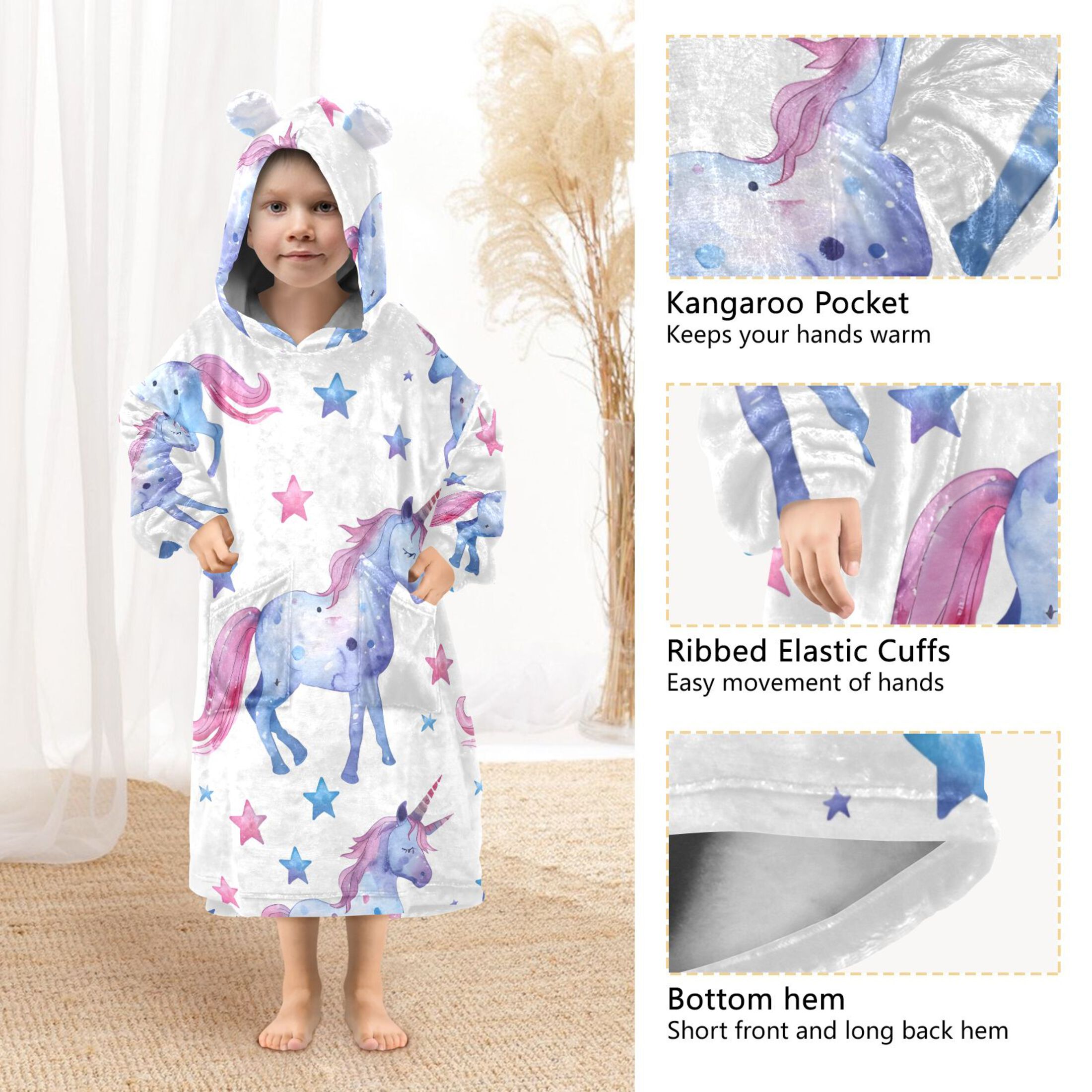 joogoo Wearable Blanket Hoodie for Kids Cute Unicorn and Stars Flannel Oversized Sweatshirt 3-14 Years M