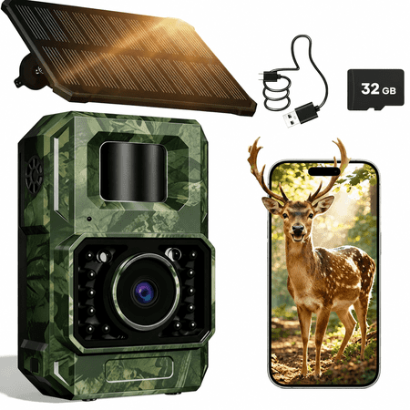 MAXDONE 48MP Bluetooth Trail Camera with 2000mAh Battery Solar Panel 32GB Memory Card