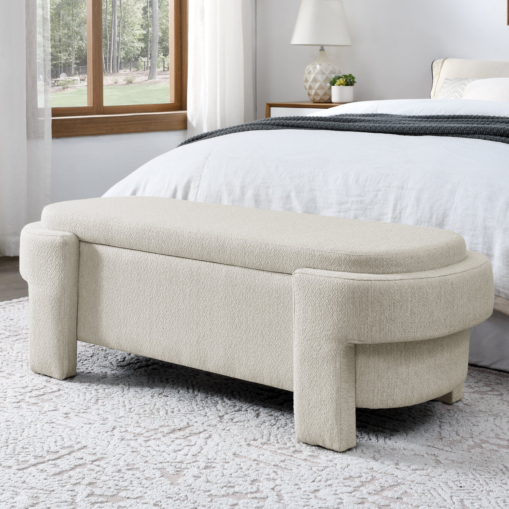 BSHTI Linen Fabric Upholstered Bench with Large Storage Space for the Living Room, Entryway and Bedroom,Beige