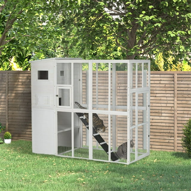 PawHut Large Wooden Outdoor Cat House With Large Run For Play, White
