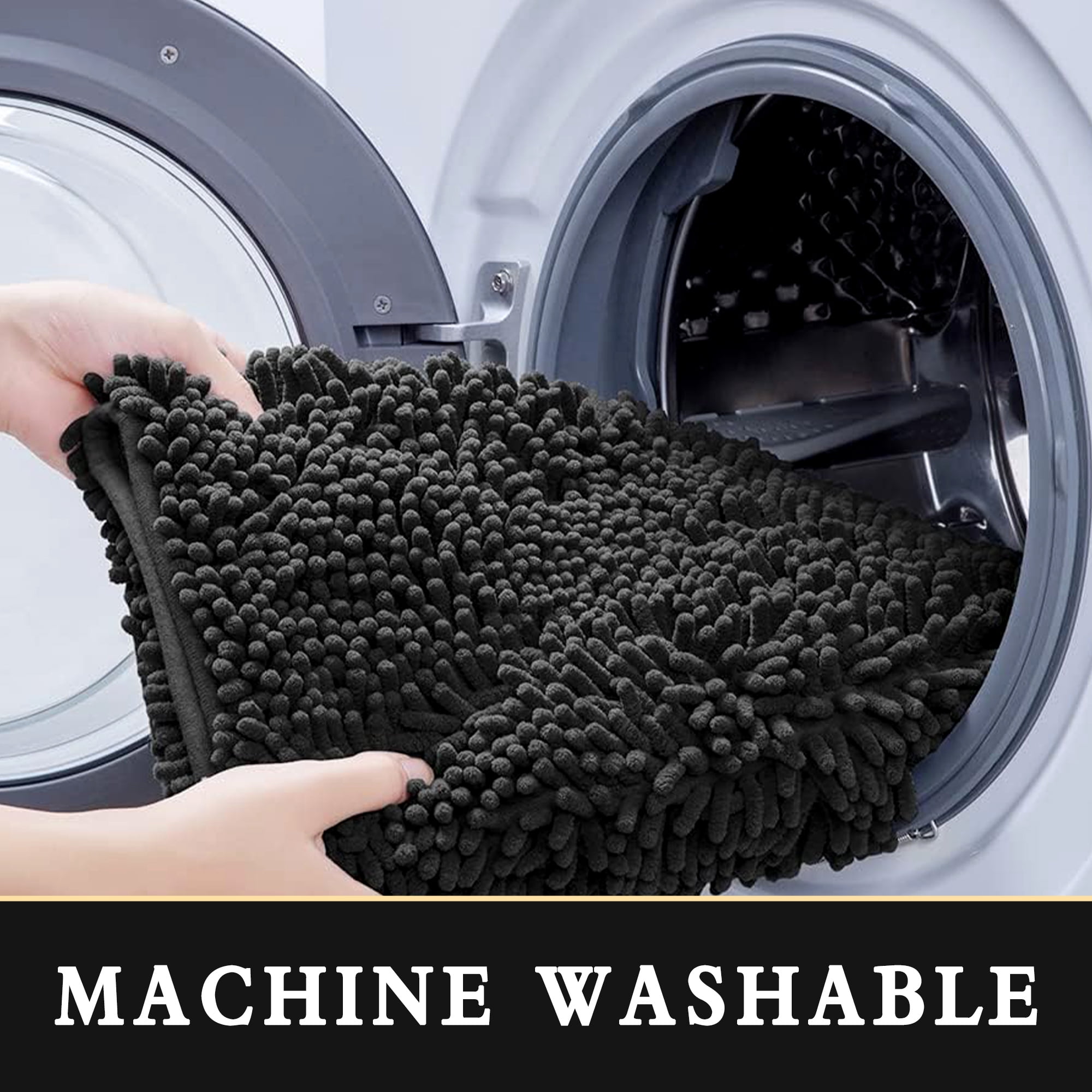 Furrygo Black Chenille Bathroom Rugs, Thick Soft Absorbent Bath Rugs, Machine Washable Bath Mats for Bathroom Floor, Tub and Shower