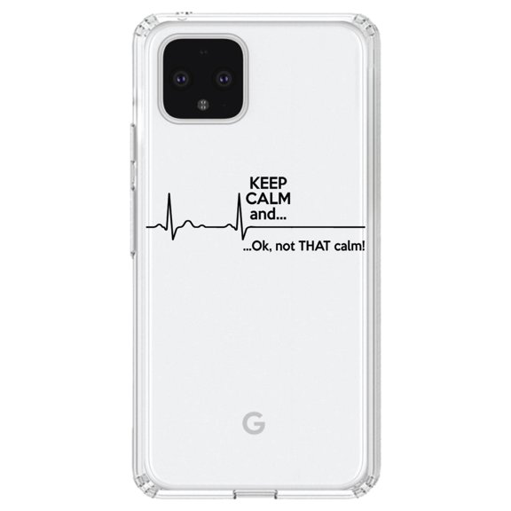 DistinctInk Clear Shockproof Hybrid Case for Google Pixel 4 (6.1" Screen) - TPU Bumper Acrylic Back Tempered Glass Screen Protector - Keep Calm and…. Flatline