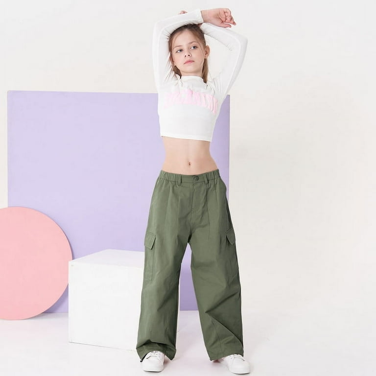 Rolanko Girls Cargo Pants Wide Leg Streetwear Kids Pants
