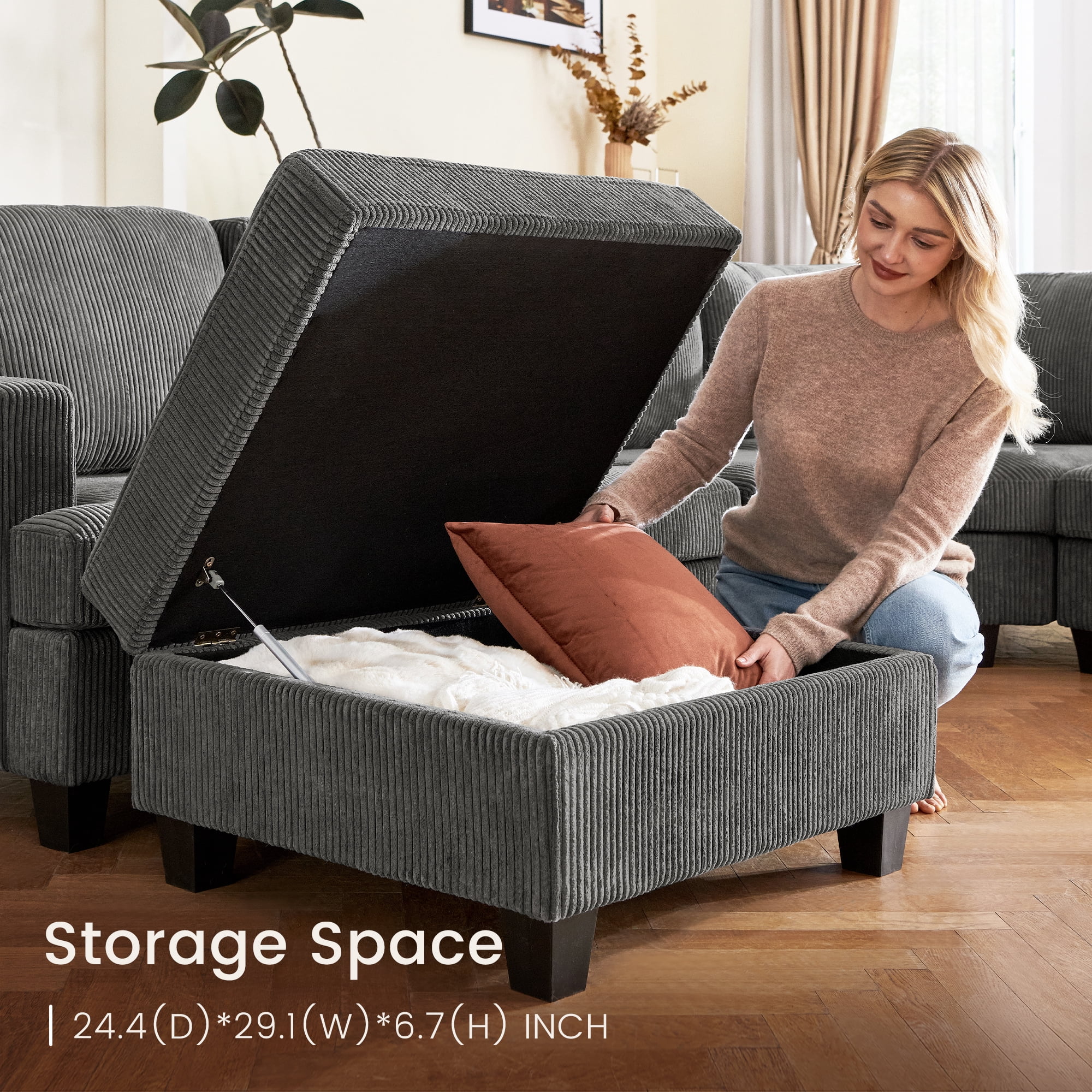 HONBAY 128.1" U Shape Sectional Sleeper Sofa Bed Corduroy Oversized Couch with Storage for Living Room, Dark Gray