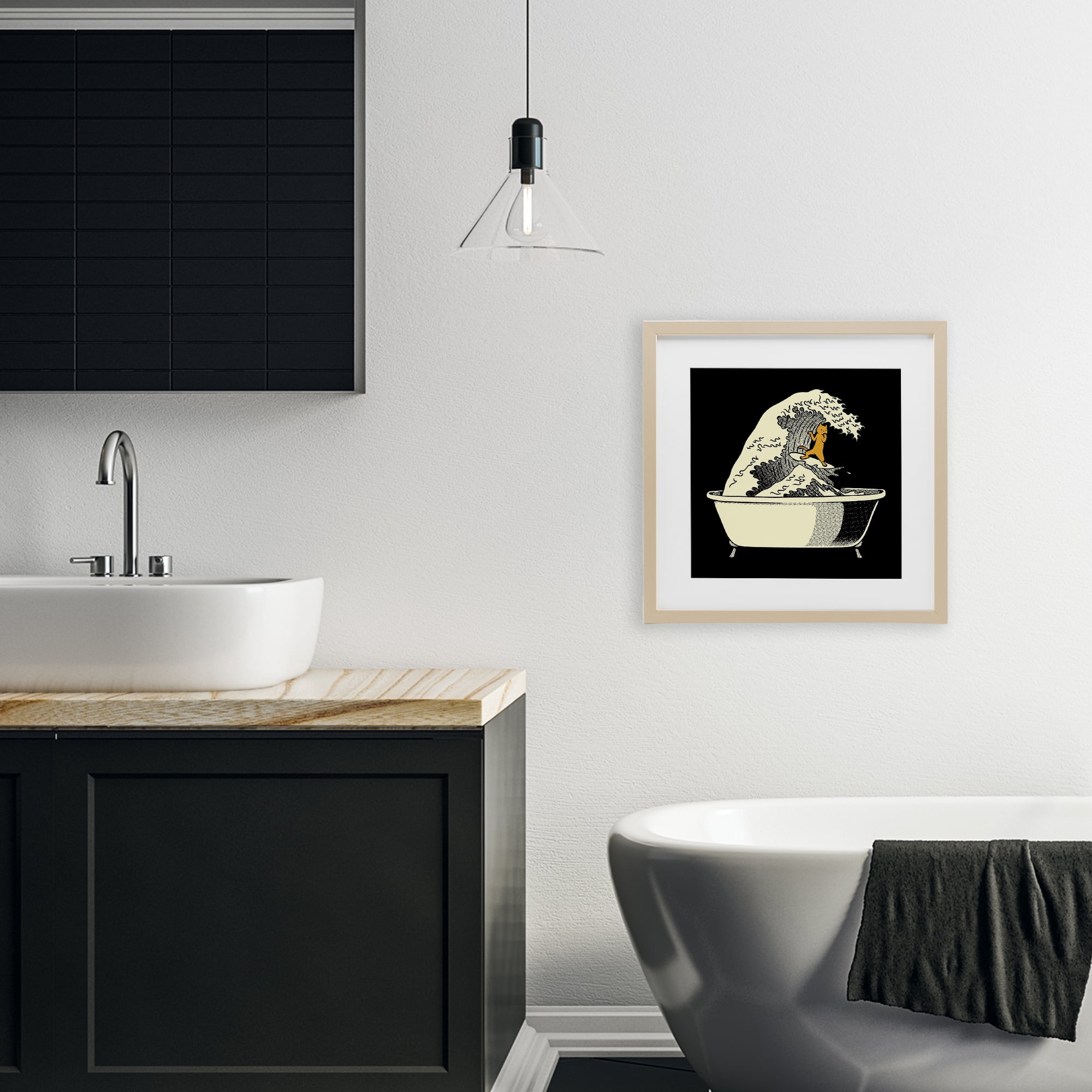 Stupell Industries Kanagawa Bathtub Cat Birch Framed Print Under Glass, design by Tobe Fonseca