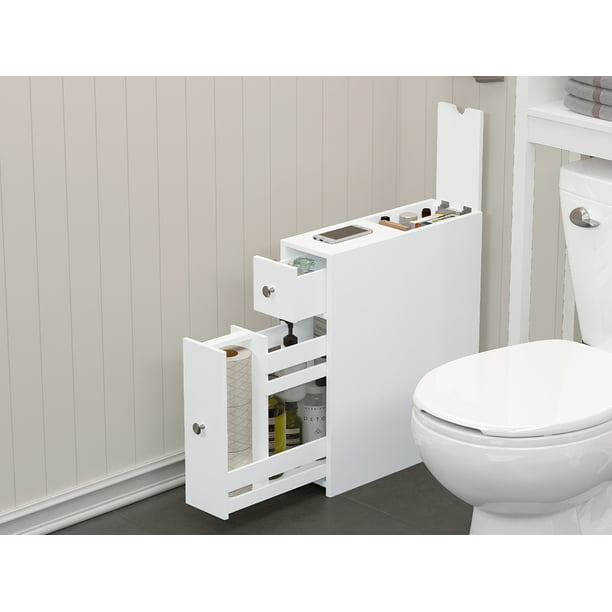 Spirich Slim Bathroom Storage Cabinet Free Standing Toilet Paper Holder Slide Out Drawer White Com - Bathroom Vanity Slide Out Storage