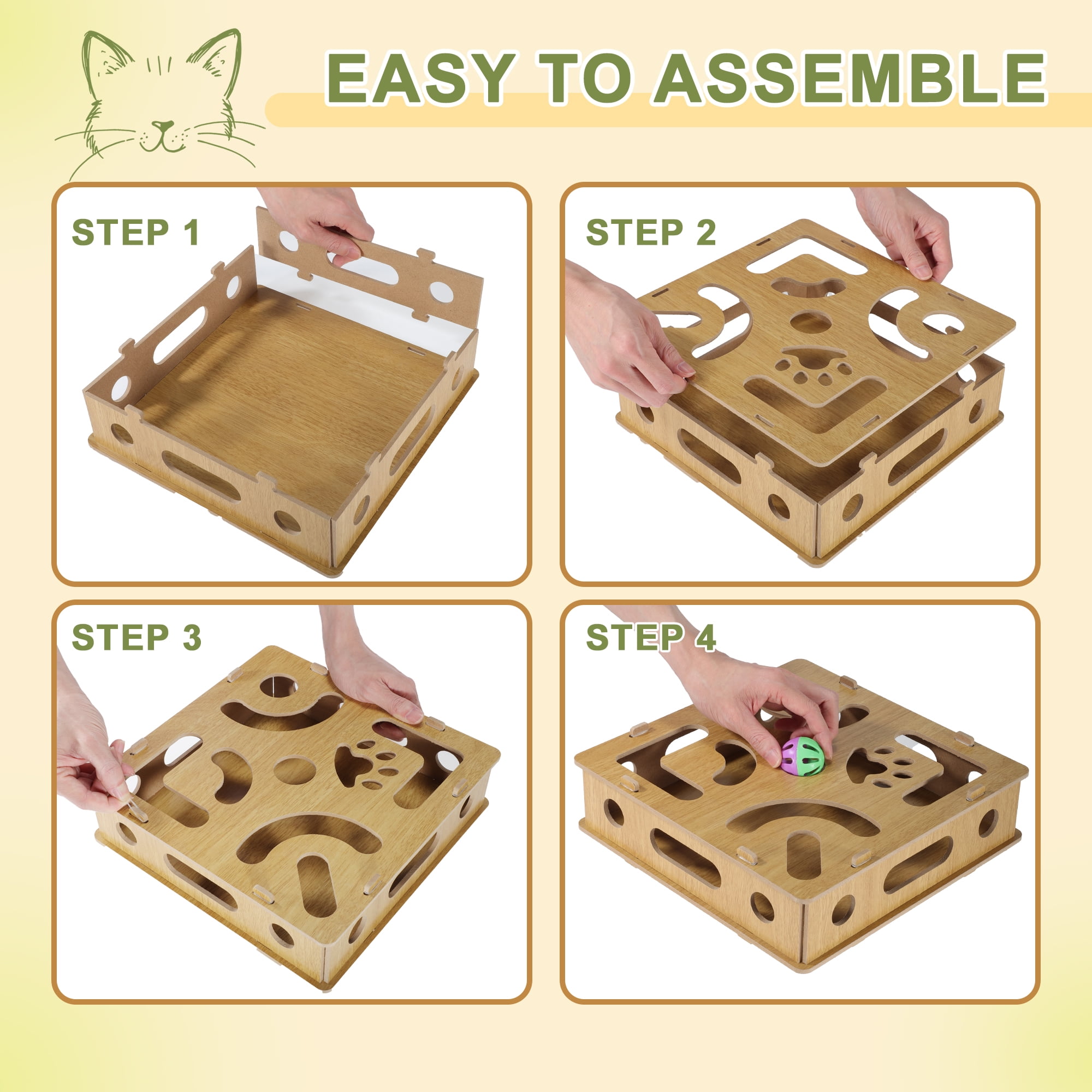 Unique Bargains Cat Toys for Indoor Cats Interactive Wooden Puzzle Toy Box Stimulate Hunting Instincts and Reduce Boredom Wood Color
