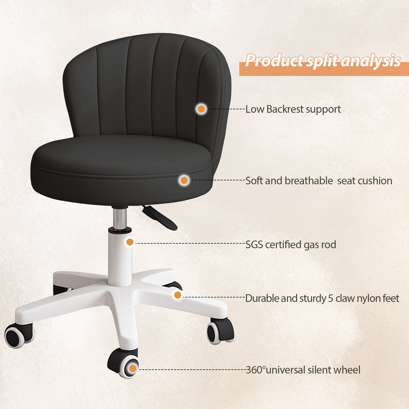 Small Round Rolling Chair with Back PU Leather Height Adjustable，Swivel Vanity Work Computer Stool for Girls and Women，Black