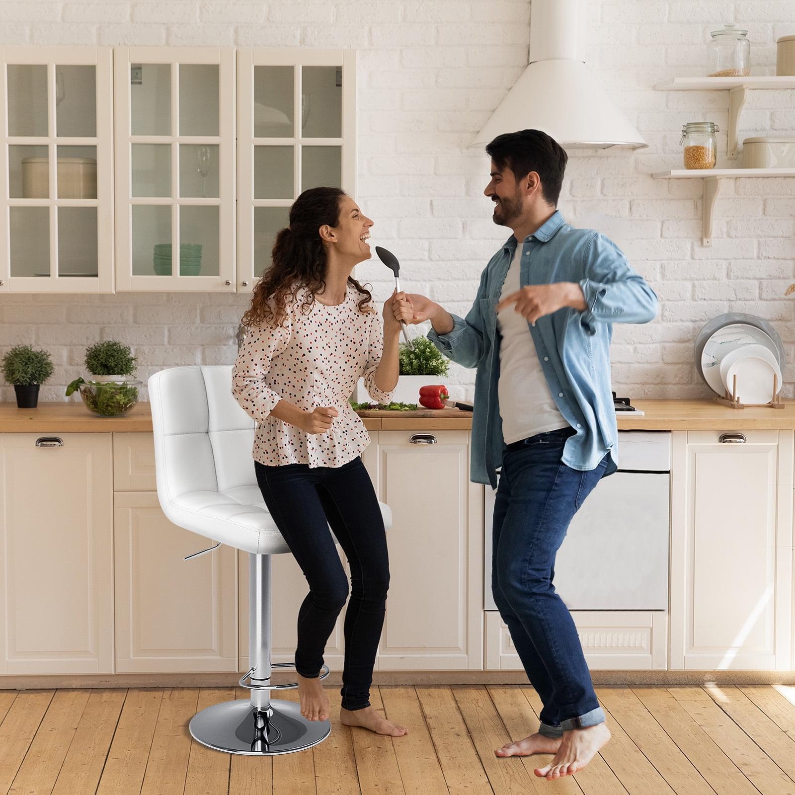 JIOABL Bar Stools Set of 2, Armless Adjustable Swivel Barstools, PU Leather Hydraulic Kitchen Counter Height Bar Stools, Thickened Seat Cushion Square Island Barstools with Back, White