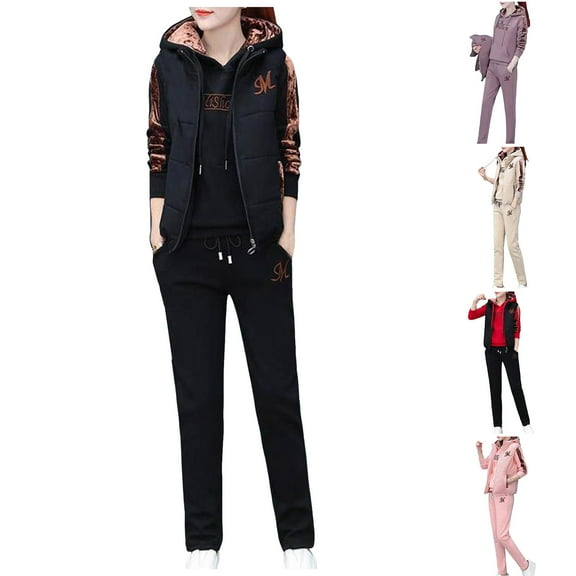 Women's 3-Piece Tracksuit Set - Hoodie, Padded Vest & Sweatpants with Embroidered Details, Casual Activewear