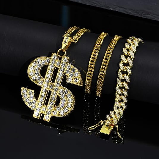 Big Fake Gold Chain Set - Dollar Sign Necklace & Cuban Link Bracelet - 80s 90s Hip Hop Costume Jewelry For Men & Women