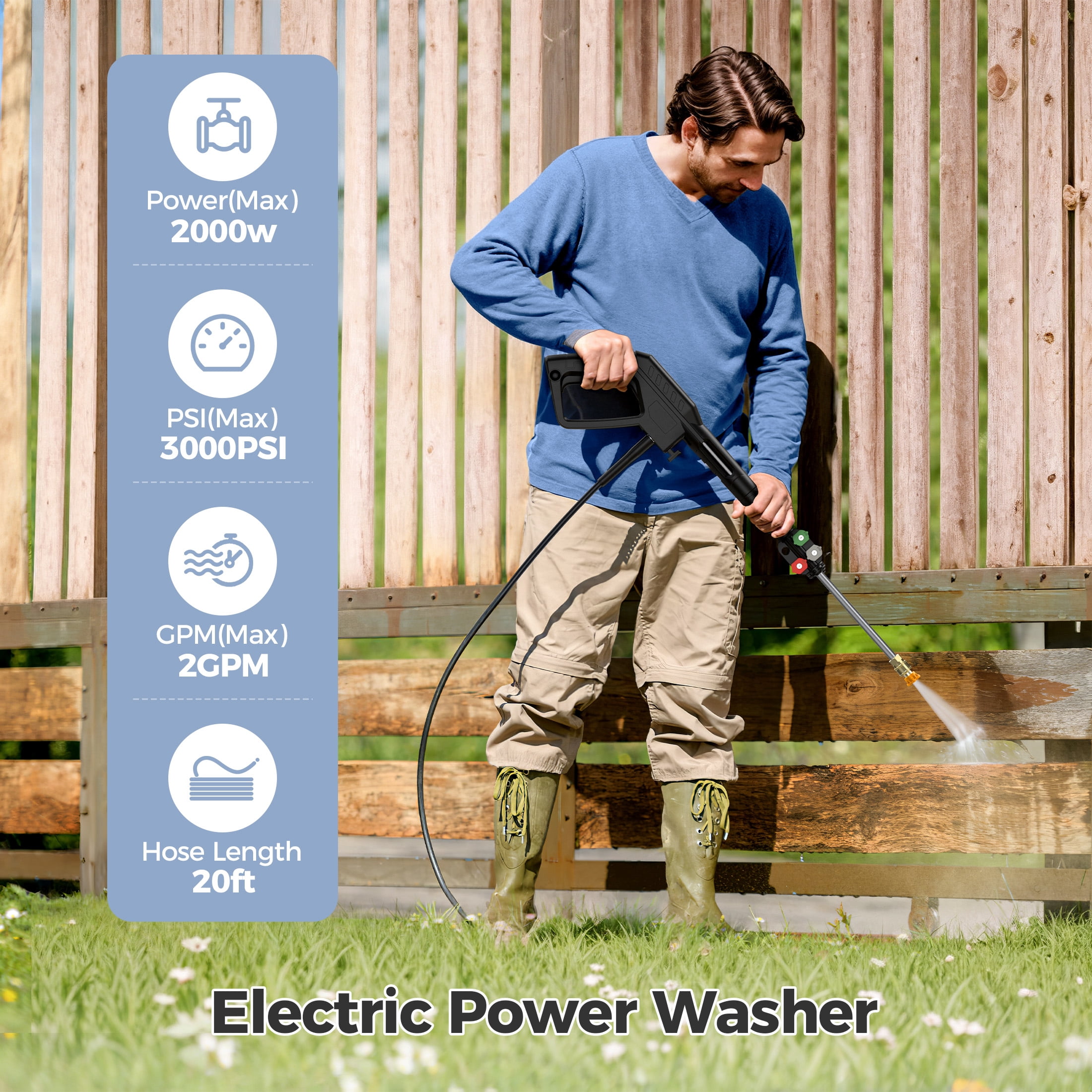 HIJOB Electric 3000 PSI Pressure Washer w/ 20 ft Hose, 4 Quick Connect Nozzles, Foam Cannon, Portable to Clean Patios Cars Fences Driveways