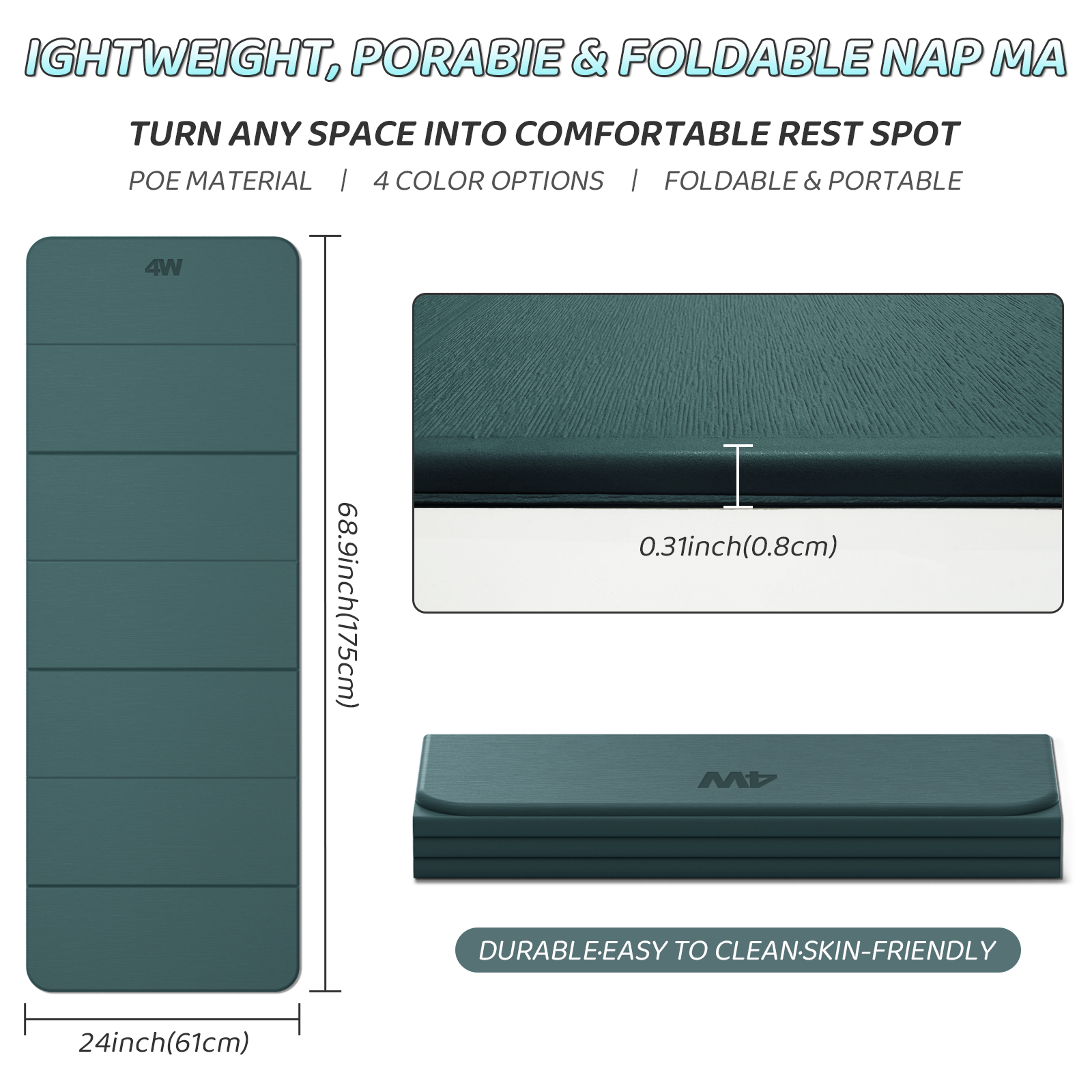 4W Foldable Yoga Mat 8mm Thick, TPE Non-Slip Fitness Mats, 3-in-1 for Yoga/Step Stool/Meditation, Quick Storage No Curling(Green)