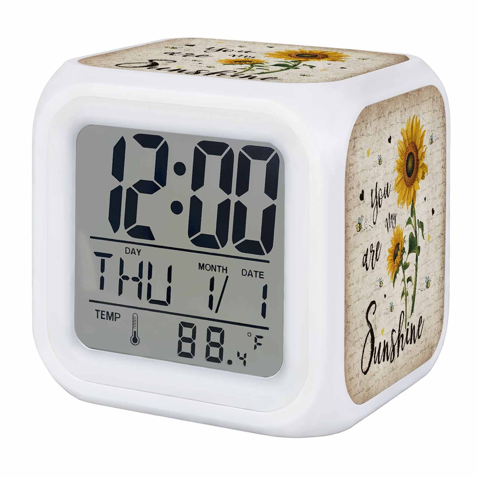 Alarm Clocks Bee Sunflower Digital Clock 7 Color LED Night Light Silent Non-Ticking Battery Operated Retro You Are My Sunshine Cube Clocks Decorative for Bedroom Bedside Living Room Office School