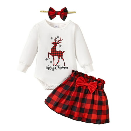 

Toddler Kids Girls Chiristmas Letters Deer Prints Flare Long Sleeves Romper Plaid Skirt Hairband Outfit Set Cloths New Born Blanket for Girls Posh Set New Born Girls Clothes Kids Crop Top Outfits Baby