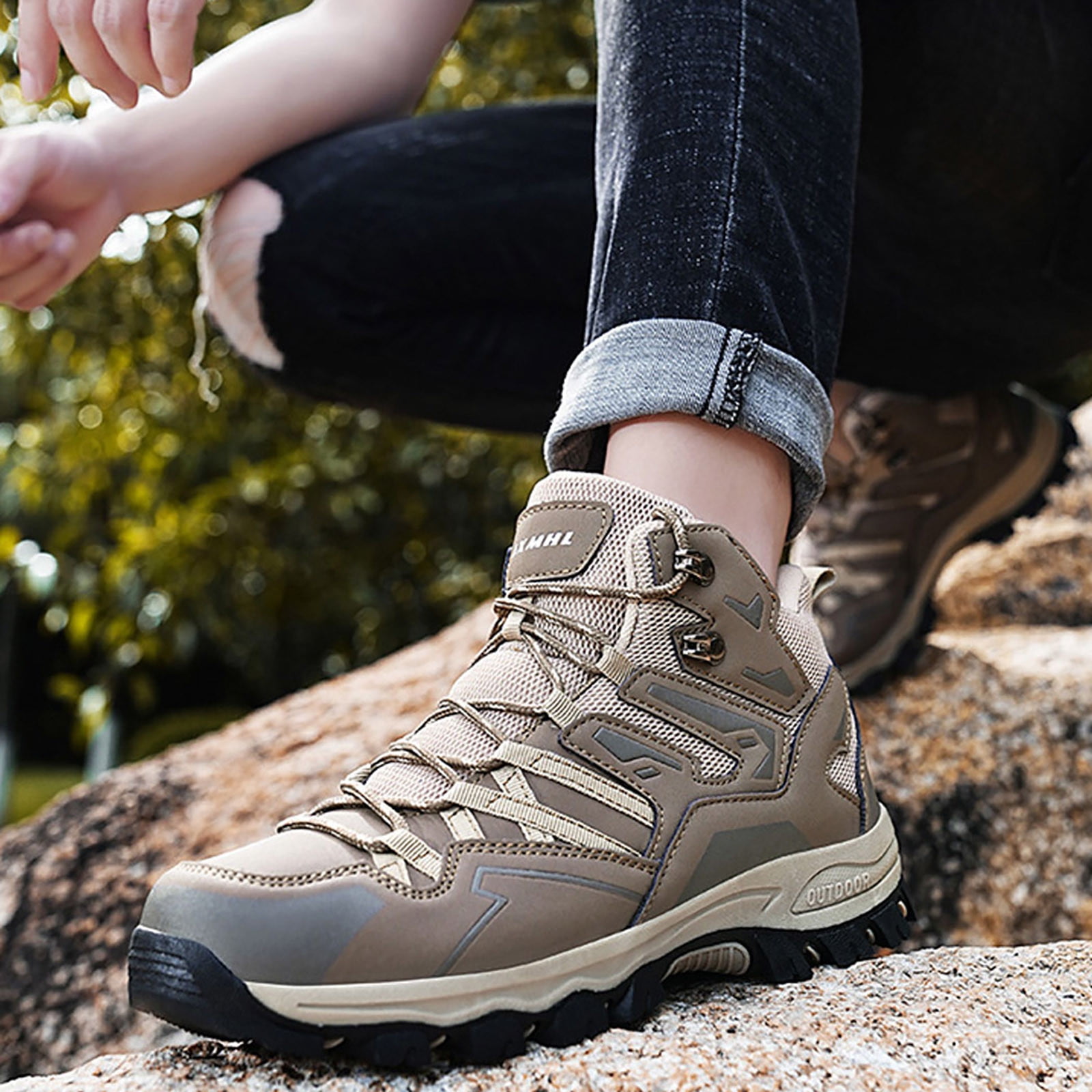 eczipvz Casual Sneakers for Men Ankle High Waterproof Hiking Boots Rubber Outdoor Lightweight Shoes Trekking Trails Mens Wide Sneakers (Brown,8.5)