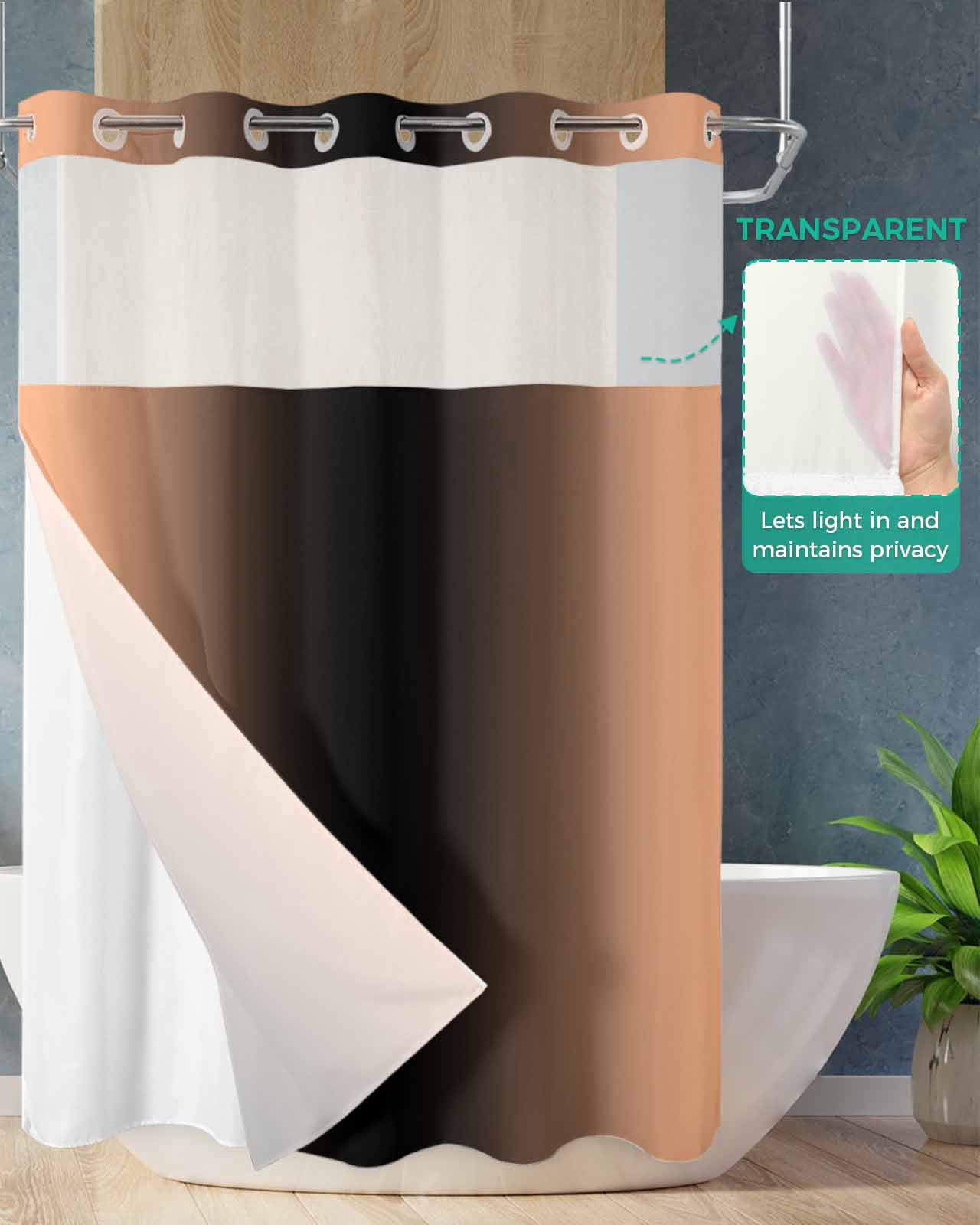 No Hook Shower Curtain with Snap in Liner, Ombre Abstract Gradient Coral Pink and Black Hotel Shower Curtains for Bathroom, Washable Shower Curtain Liner Set with Mesh Top Window, 72"x72"