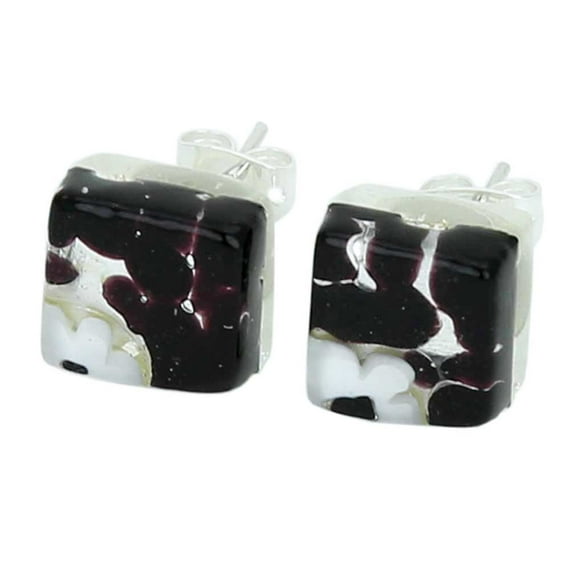 GlassOfVenice Murano Glass Venetian Reflections Square Stud Earrings - Dark Purple Silver