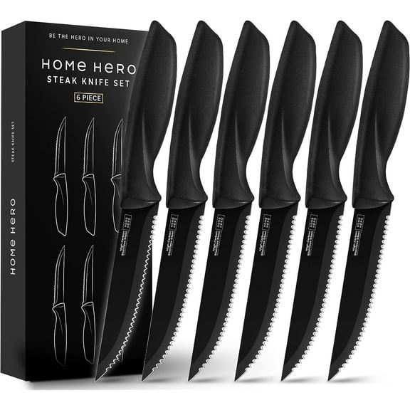 Home Hero - 6 Pcs Kitchen Knife Set & Steak Knifes - Stainless Steel, Black