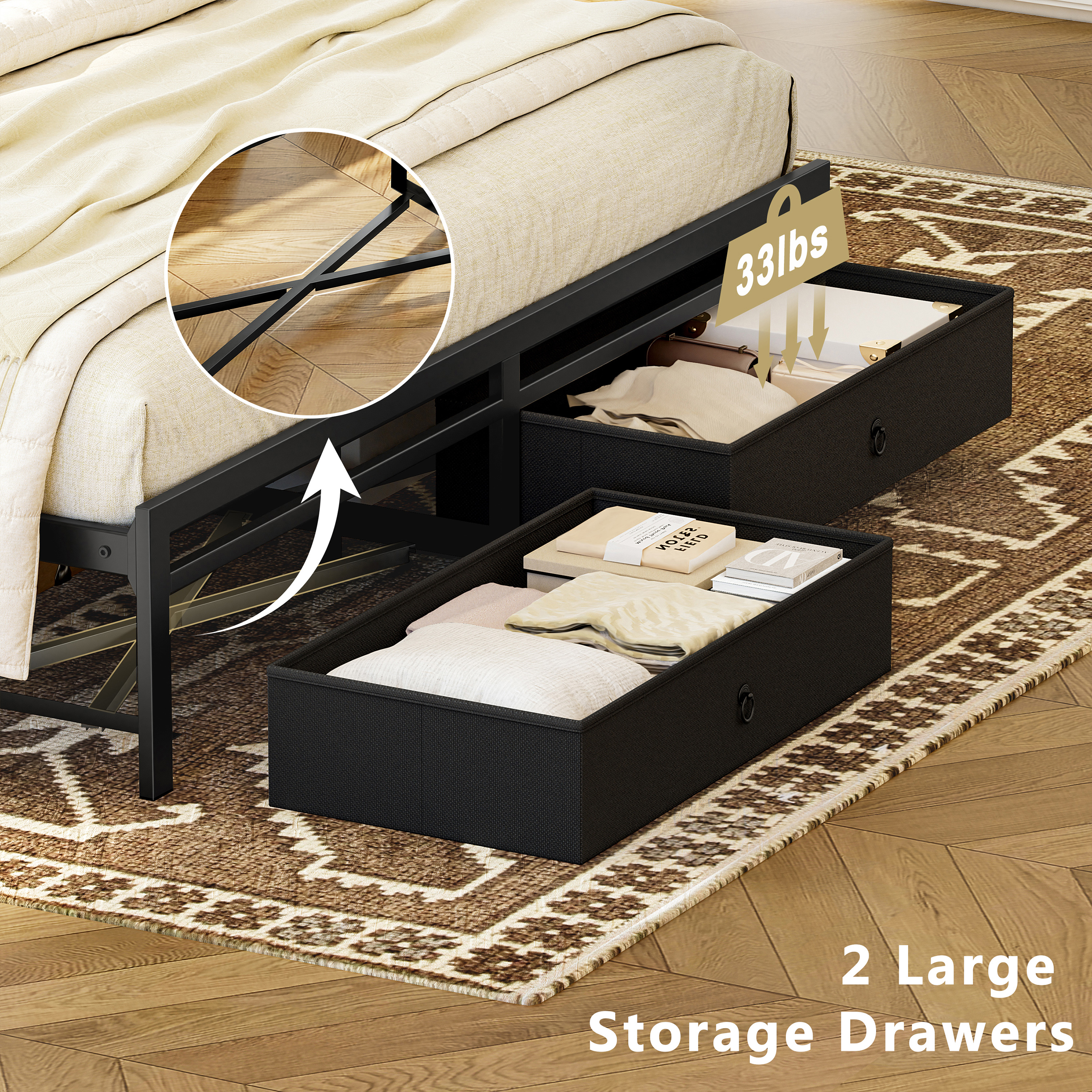 GUNAITO Queen Bed Frame with Storage Headboard Platform Bed with 2 Drawers Metal Bed with Charging Station, Dark Brown