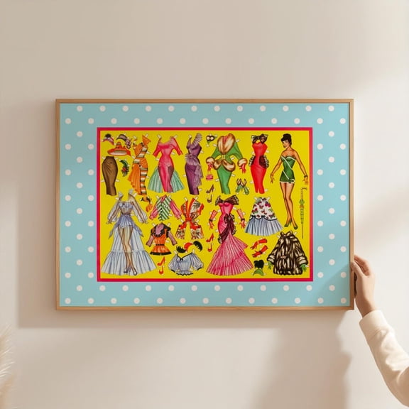 Retro Fashion Print 1950S Vintage Doll Comic Print Mid Century Glam Wall Art Blue Polka Dot Artwork Girly Dopamine Decor Home Decor #697, Unframed Poster Size 8x12