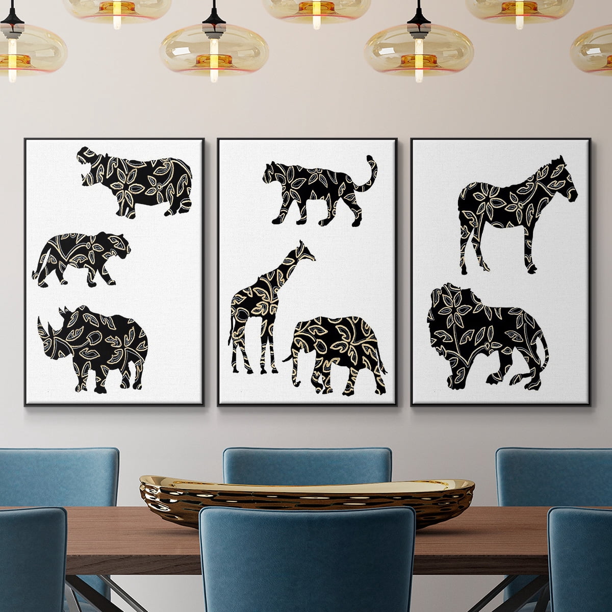 Ornamental Safari Animals I - Framed Premium Gallery Wrapped Canvas L Frame 3 Piece Set - Ready to Hang