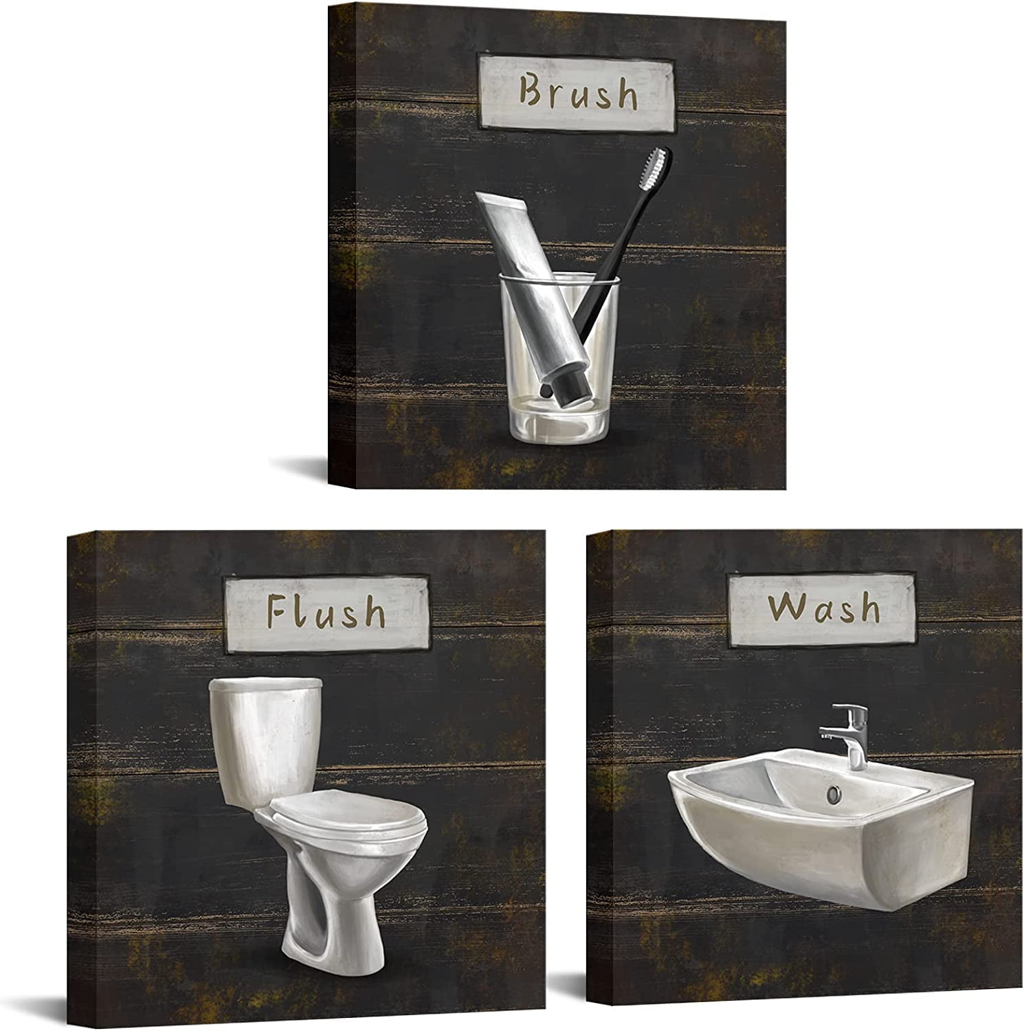 3 Piece Bathroom Prints Wall Art Wash Brush Flush Sign Pictures Canvas ...