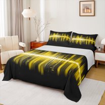 Homewish Modern Geometric Artistic Queen Sheet Sets,Stripes Lines Flat Sheet,Black Yellow Queen Fitted Sheet For Girls Kids,Microfiber Bedroom Decor,4-Piece